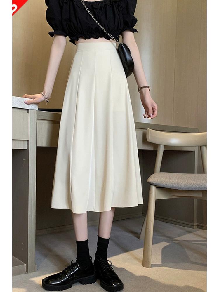 Beige Drapey High Waist A-Line Midi Skirt for Women - Spring/Summer Edition