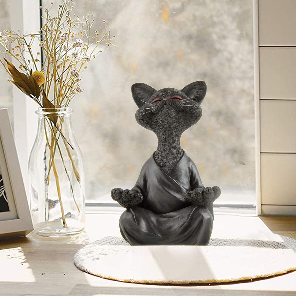 Skurrile schwarze Buddha-Katzenfigur, Meditation, Yoga, Sammlerstück, glückliche Katze, Dekoration, Kunstskulpturen, Gartenstatuen, Heimdekoration