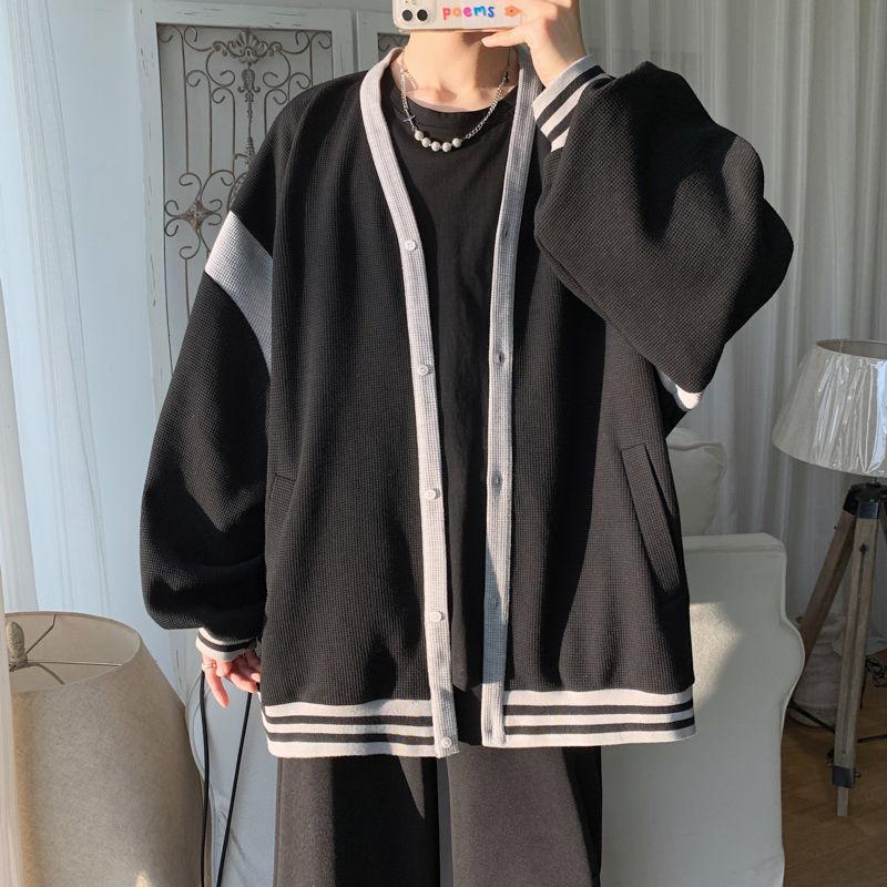 Korean Spliced Loose Cardigan Autumn Winter Contrasting Colors Men's Clothing Casual V-Neck Chic Patch Designs Knitted Sweaters