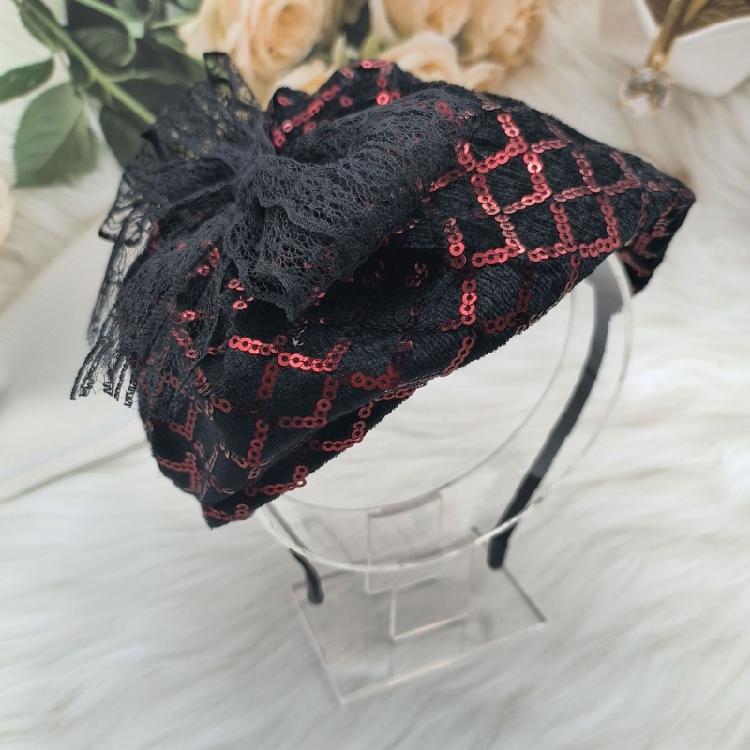 High Skull Hairhoop Lace Bowknot Sequined Hat Women Formal Event Hair Covering