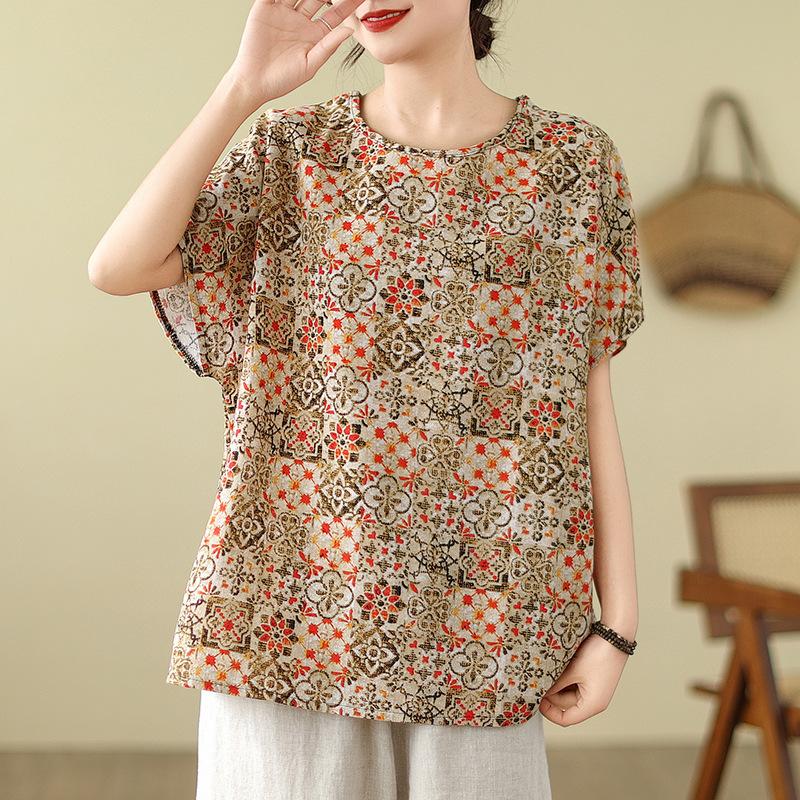 Fat Girl Large Size Women's Summer Literary Classic Round Neck Printed Button-down Loose Meat Covering Versatile Cotton and Linen Top T