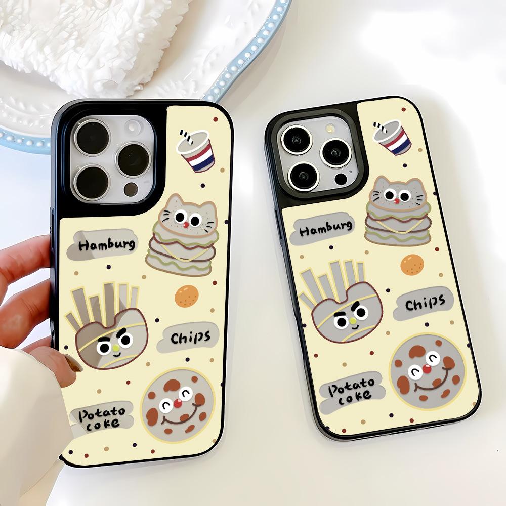 Cartoon burger mirror is suitable for Apple 17ProMax black frame mobile phone case 15 all-inclusive 13/12 niche 14 large holes