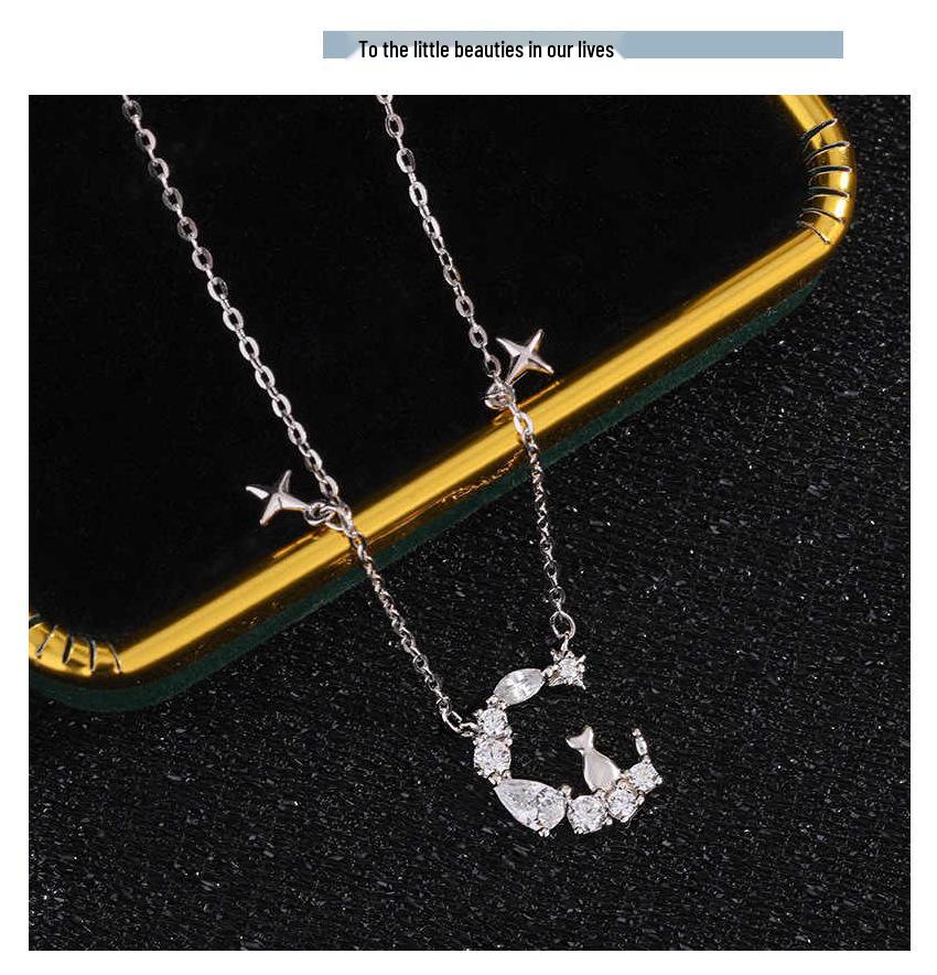 Sterling Silver Moon Cat Necklace: Cute Star and Moon Pendant for Women