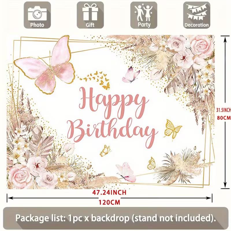 2D Happy Birthday Backdrop Pink Gold Butterfly Floral Party Background Banner