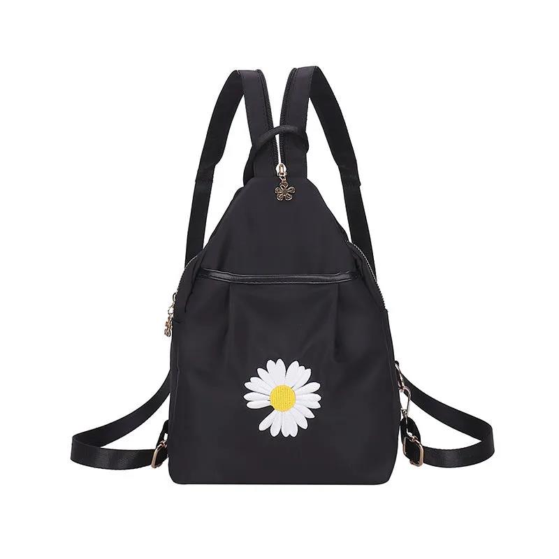 Women Solid Color Zipper Backpack Anti-theft Single Shoulder Bag Versatile Messenger Bag Daisy Embroidery Holiday Backpack