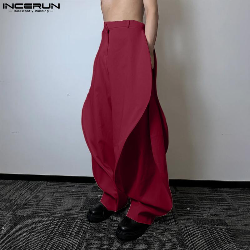 INCERUN Men Zip-up Waist Solid Color Irregular Ruffled Casual Long Harem Pants Trousers