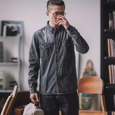 Men's Spring and Fall Washed Vintage Aged Denim Shirt Youth Long Sleeve Striped Workwear Top