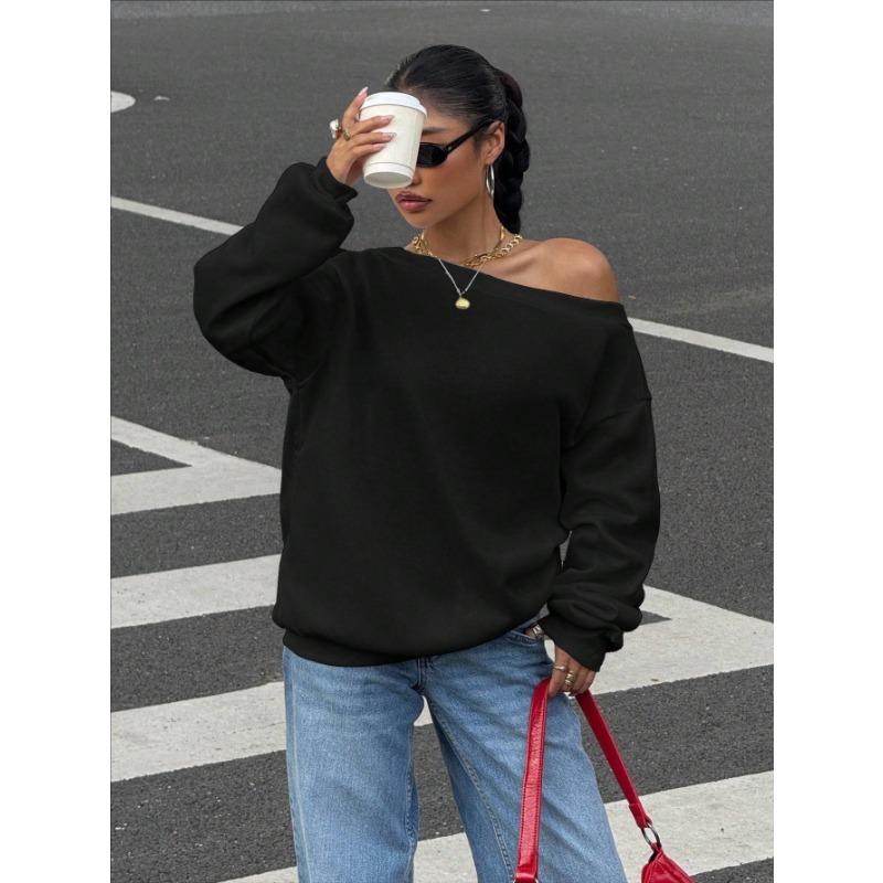 Women S Loose Off Shoulder Solid Color Pullover Sweatshirt