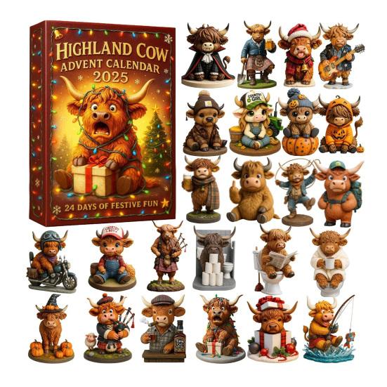 Highlandská kráva Adventní kalendář 2025 Roztomilé ozdoby highlandské krávy 24 dní Vánoční adventní kalendář pro dekoraci vánočního stromku