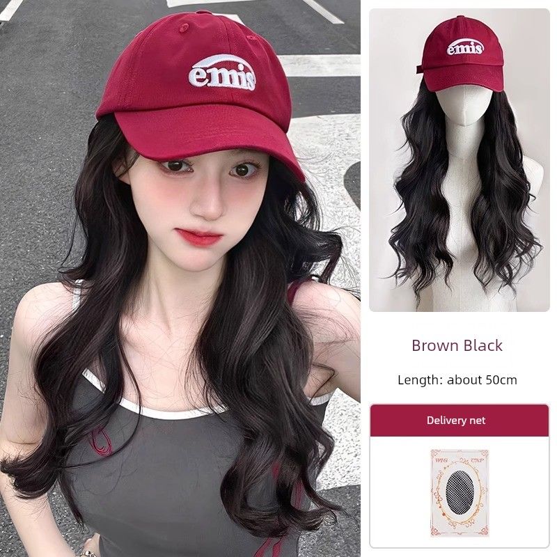 

Парик Шляпа Интегрированный Женский Головной Убор Модный Цвет Красный Бейсболка 2023 Новое Поступление Защита от Солнца Женские Длинные Волосы Wine red emis letter cap large wave Brown Black