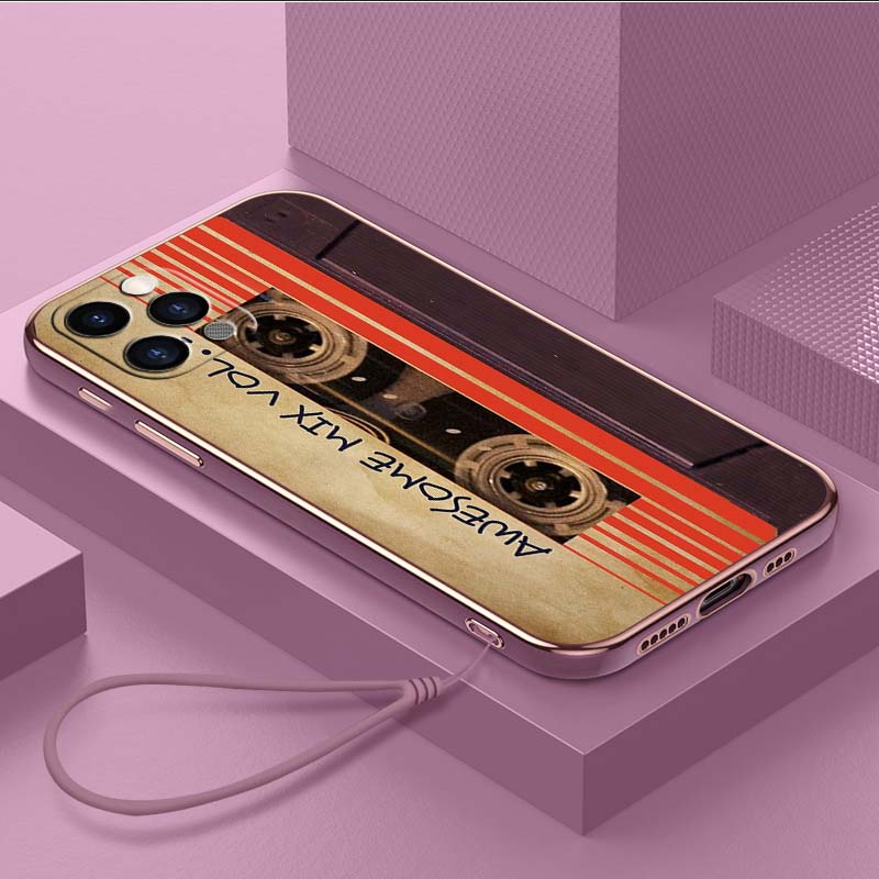 Luxury Plated TPU Phone Case With Lanyard for iPhone 6 6s 7 8 Plus XR XS 11 12 13 14 15 Pro Max Soft Cases A19 Original Retro Cassette Tape Art Cover