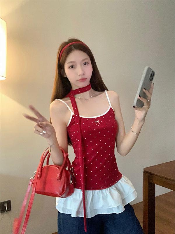 Korean Sweet & Spicy Polka Dot Red Camisole - Slimming & Versatile Summer 2026 Women's Top