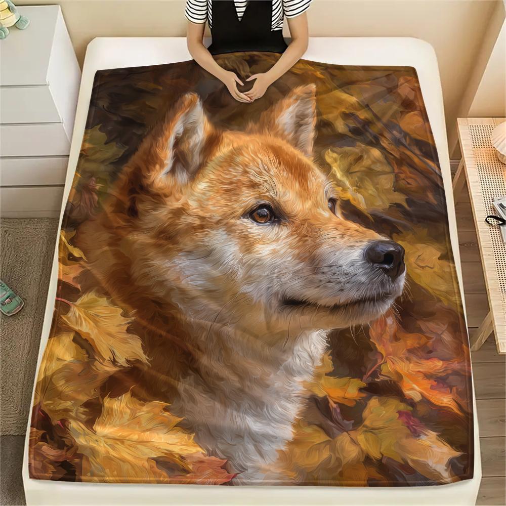 Shiba Inu and Leaves Pattern Flannel Blanket, High Quality Comfortable for All Seasons, Home Decor, Warmth and Comfort, Perfect for Gifts.