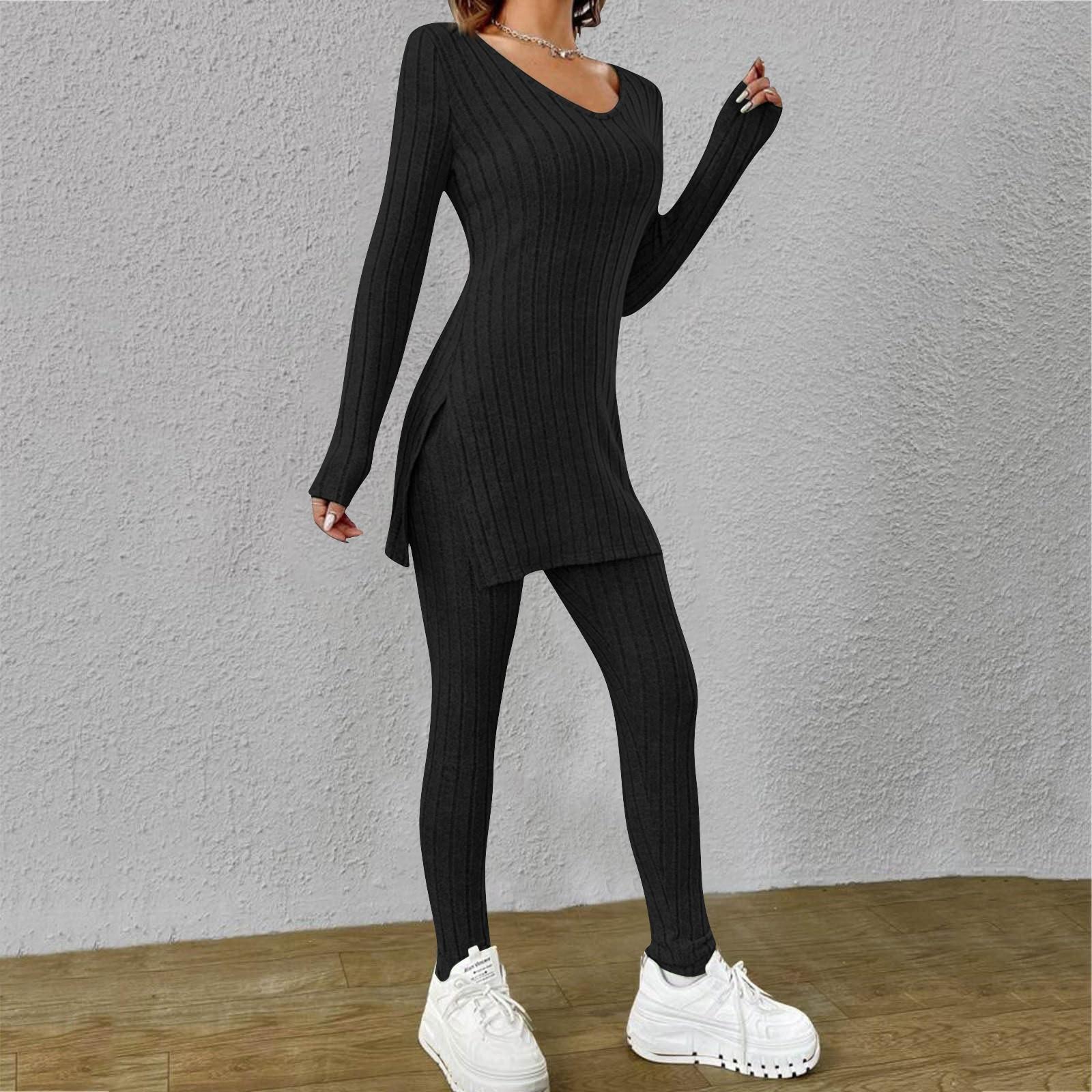 Women s Fashion Long Sleeve Spring  Casual Long Sleeve Open V-Neck Shirt Loose Pants Suit L