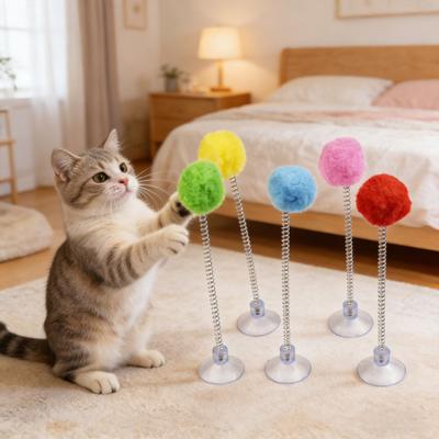 2Pcs Cat Spring Toy with Suction Cup Spring Plush Ball Cat Teaser Interactive Fluffy Pompom Cat Toy for Indoor Kitten Jumping Exercise