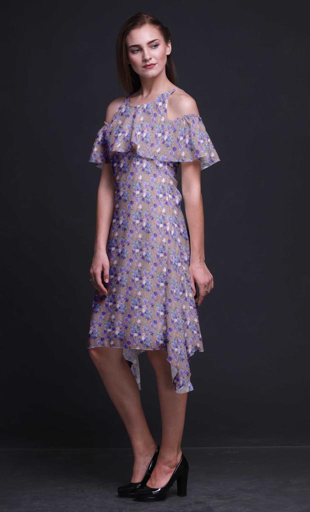 Bimba Floral Print Cold Shoulder Women Swing Tunic Flutter Sleeve Midi