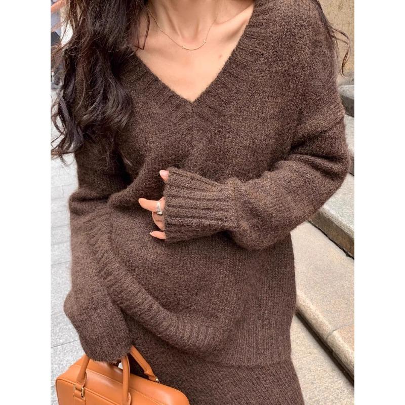 Autumn Winter V-neck Loose Pullover Sweater Set Knitted Elegant Skirts Women Casual Two-piece Set Fashion Outfit Simple Solid Color Office Clothing