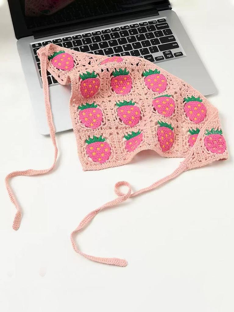 1pc Pink Crochet Bandana Headbands Ladies Girls Knitted Strawberry Headgear Hair Accessories For Hair Decoration