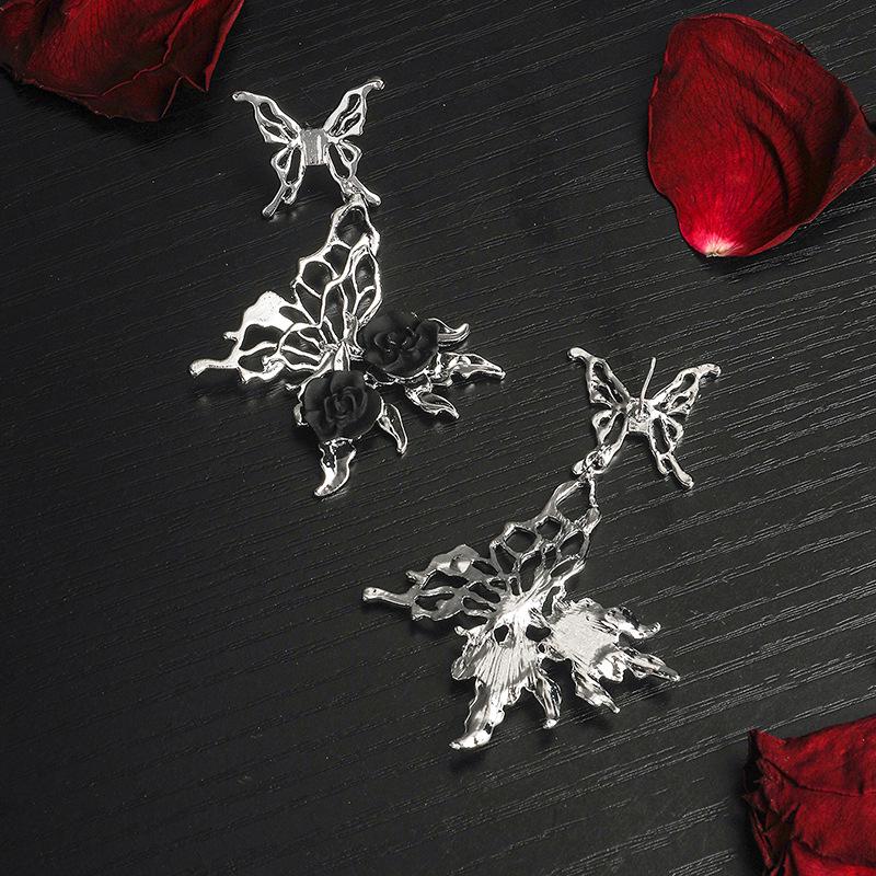 Asymmetrical Black Rose Luxury Butterfly Earrings