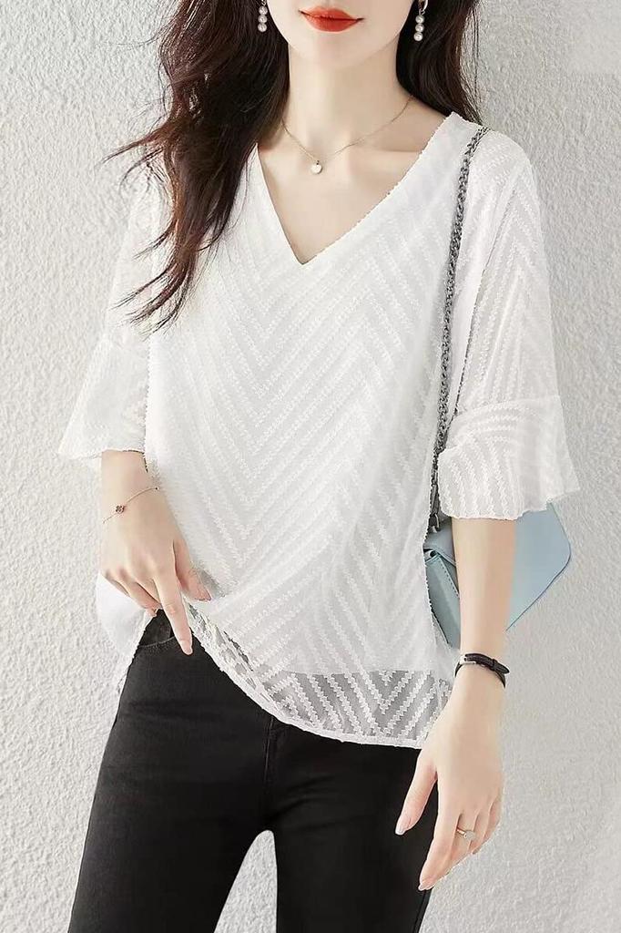 Blouse Summer Top Short Sleeve Flare Feminine Shirt Pullover Loose Fit Neat Stylish [H. Zroy] Women's V-neck