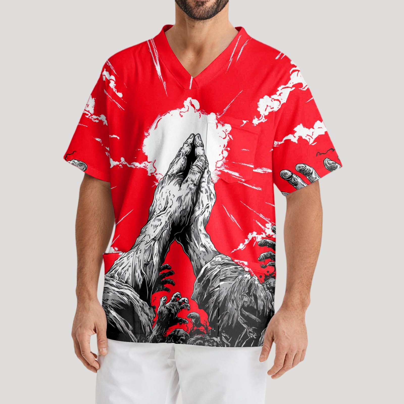 

Мужская рабочая блузка с короткими рукавами и v-образным вырезом с принтом, топ с нагрудным карманом XL белый