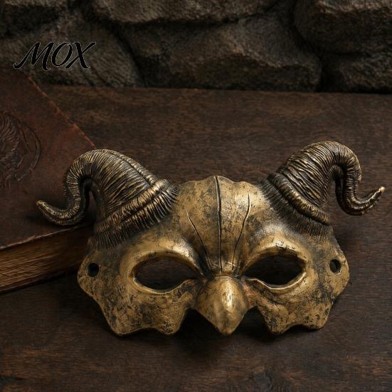 Gothic Masquerade Mask Halloween Ram Horn Demon Mask, Horror Devil Half Face Fade-resistant Lightweight for Cosplay Costume Party Dark Style