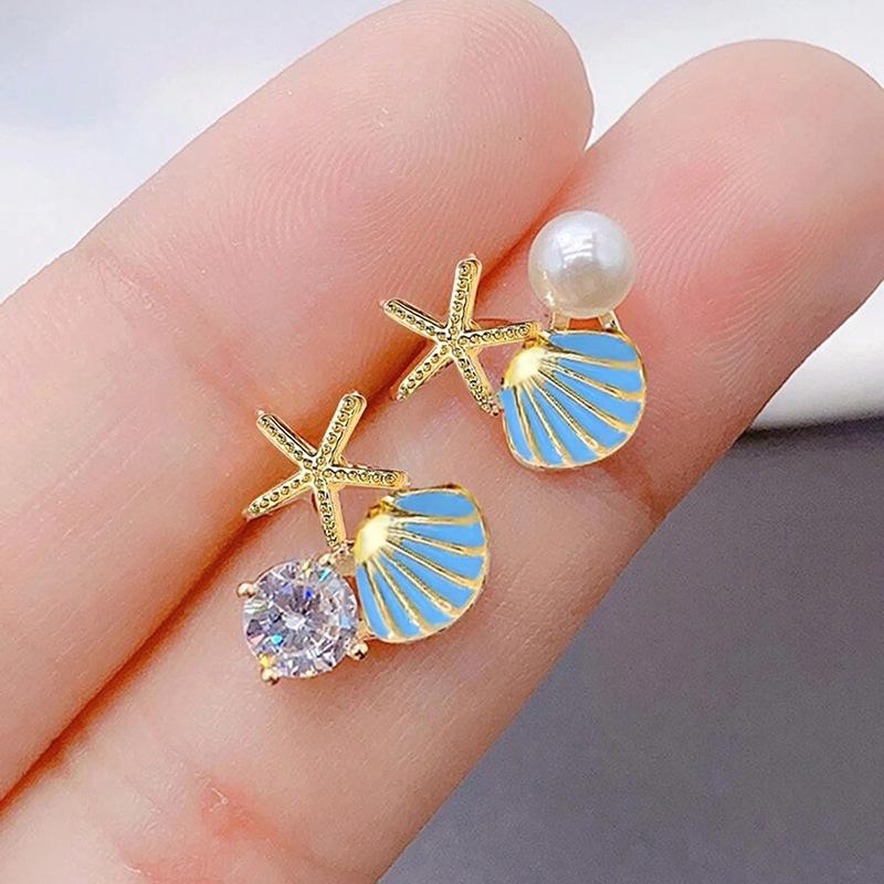 

2026 New European and American Shell Sea Star Earnail Women s Pearl Drip Oil Small Fresh Zircon Vacation Style Exquisite Style