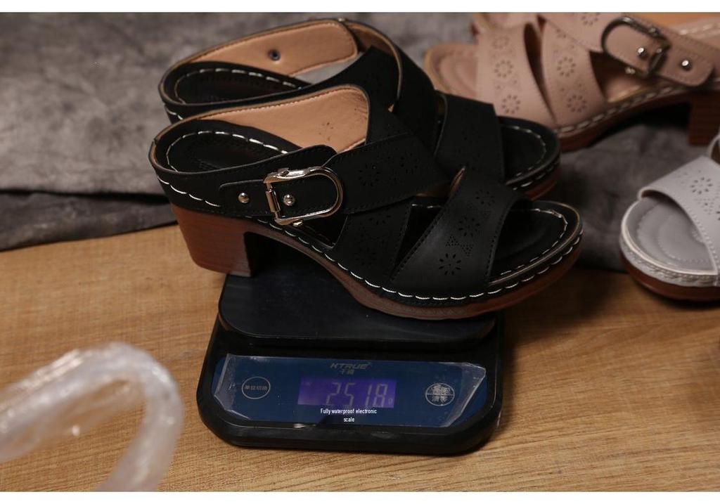 2026 Summer Plus Size Women's Roman Sandals: Chunky Heel, One-Strap, Hollow Design