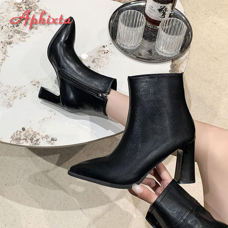 Fashion Aphixta Black Winter Zipper Warm Plush Ankle Boots Women 8.5cm Square Heel Zip Lady Footwear Shoes Super Big Size 44 45 46