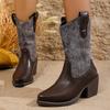 Retro Embroidered Women's Cowboy Boots Chunky High Heels Pointed Toe Winter Boots Woman Brown PU Leather Western Botas De Mujer