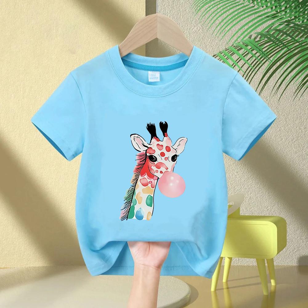 Y2k Giraffe with Gum Printed Short Sleeve T Shirts Animal Kids Childrens Tshirt Boys Girls Summer Spring Casual Top Tee Shirt
