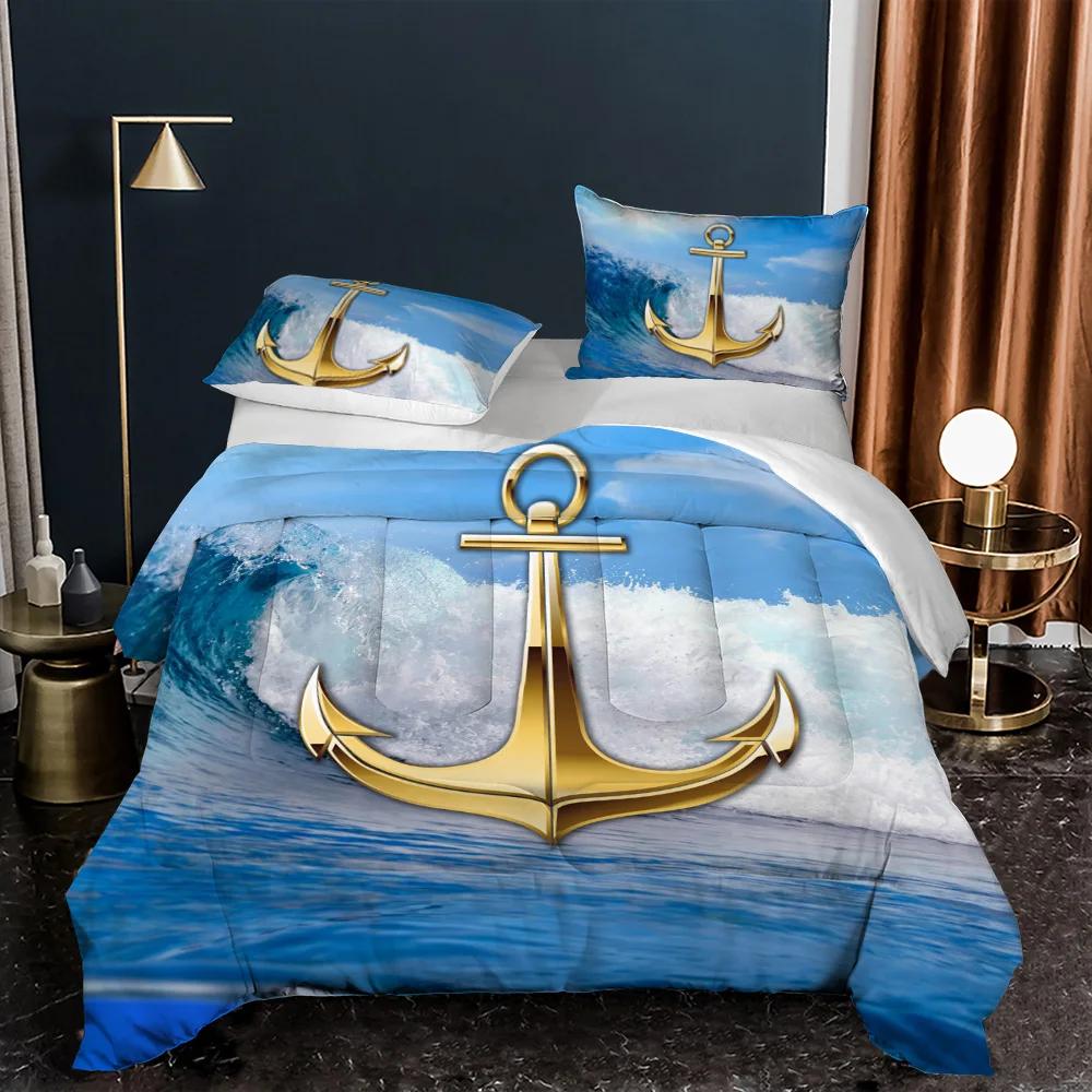 Comforter Anchor Nautical Steamboat Bedding Set Ocean Coastal Theme Blue And White Strip For Kids Adults King Size