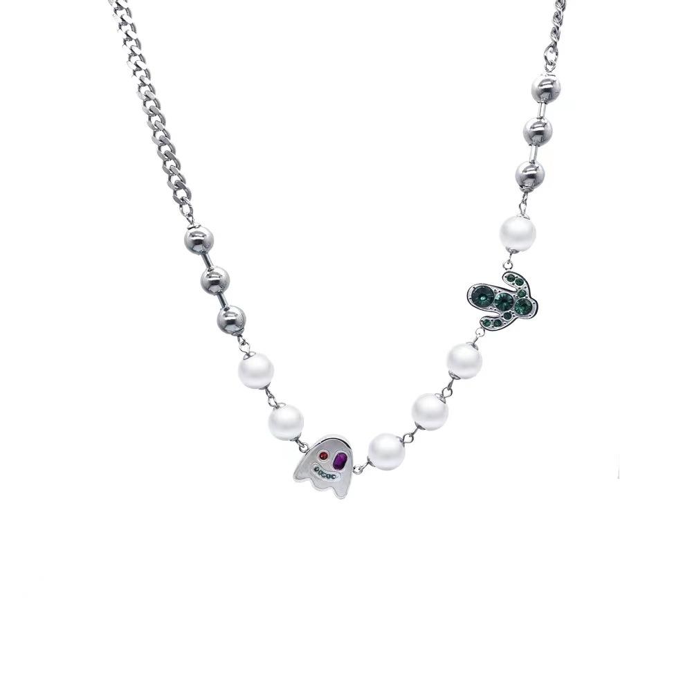 

Little Ghost Cactus Cool Tide Diamond-set Titanium Steel Splicing Pearl Necklace Niche Personality Accessories Delicate Clavicle Chain