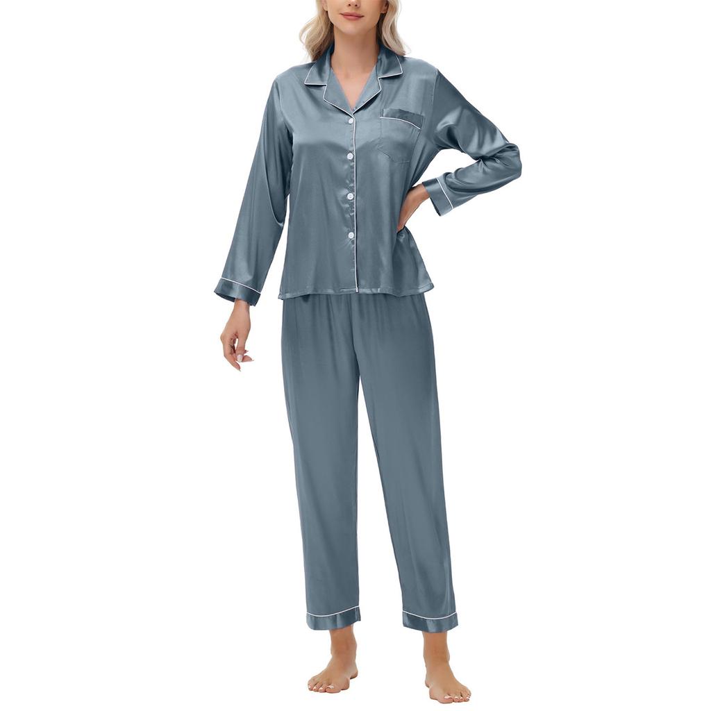 Damski komplet do spania z lodowego jedwabiu, satynowy, duży rozmiar, z długim rękawem i długimi spodniami, zestaw odzieży domowej