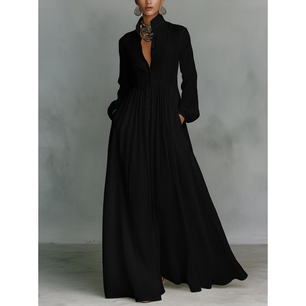 Women's Stand Collar Long Sleeve Loose Pleated Maxi Dress Solid Color Flowy A Line Long Gown For Holiday Daily Casual Wear