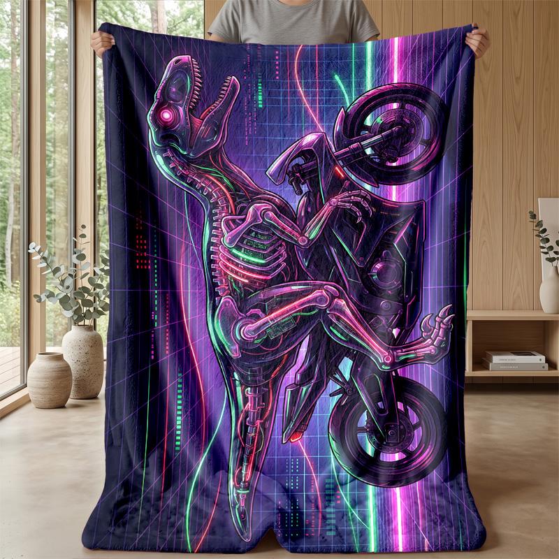 Cyberpunk Dinosaur Pattern Blanket Personalized Name Flannel Blanket Soft Cozy Plush Throw for Sofa Bed Lightweight Home Decor