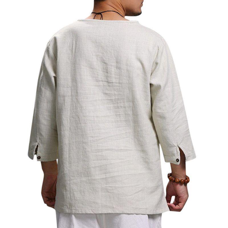 Shirt Mens Loose Long Sleeve V Neck Cotton Linen T Shirts Vintage Tops Blouse
