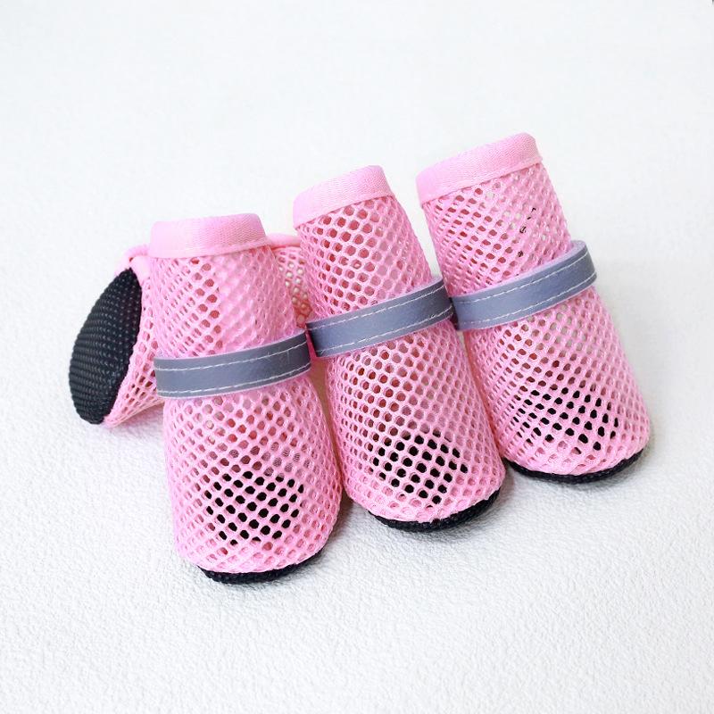 4Pcs Summer Cooling Dog Boots for Night Walks Breathable Mesh Dog Shoes with Reflective Straps & Soft Sole for Paw Protection