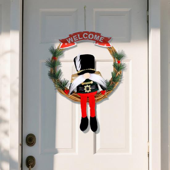 Christmas Gnome Wreath 13 Inch Artificial Vine Wreath with Soldier Gnome Front Door Welcome Sign for Indoor Outdoor Xmas Home Porch Decor