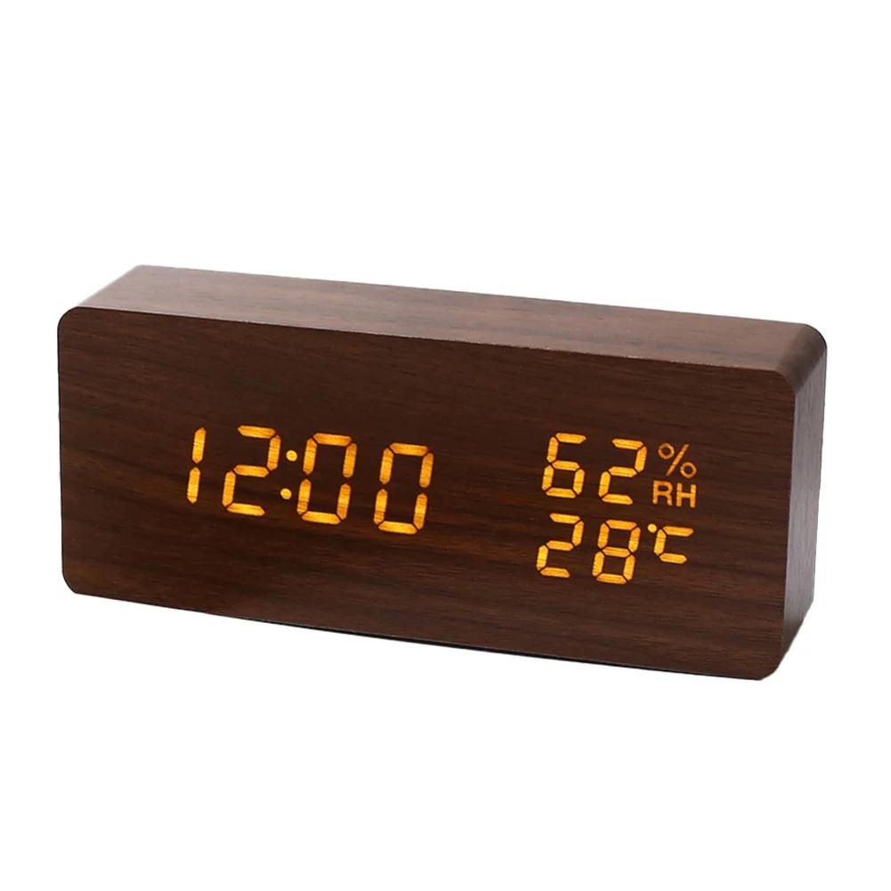 Stiller Holzwecker mit einstellbarer Helligkeit, Thermometer und Hygrometer, USB-betrieben für Schlafzimmer oder Büro