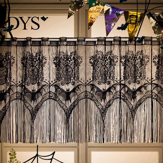 Rod Pocket Valance Halloween Lace Window Valance, Bat Skull Pattern Gothic with Fringes, Black Sheer Curtain for Kitchen Cabinet Decoration