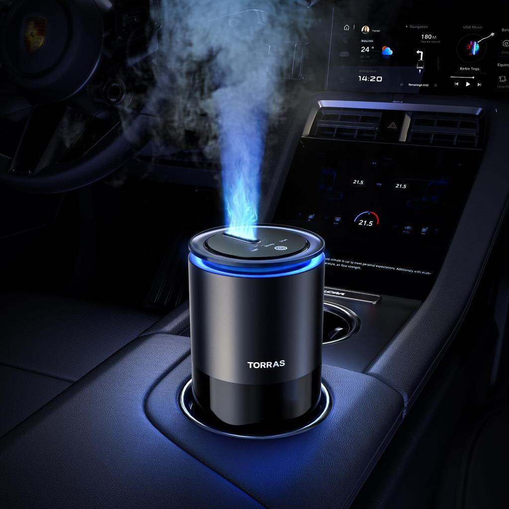 Aromă auto TORRAS Alb cu Difuzor de Parfum Ambiental Automat, Silențios și Natural cu Pulverizare Mare Patentată, Mosc, Duza Rezistentă la Înfundare, Lumină, Pornit/Oprit,