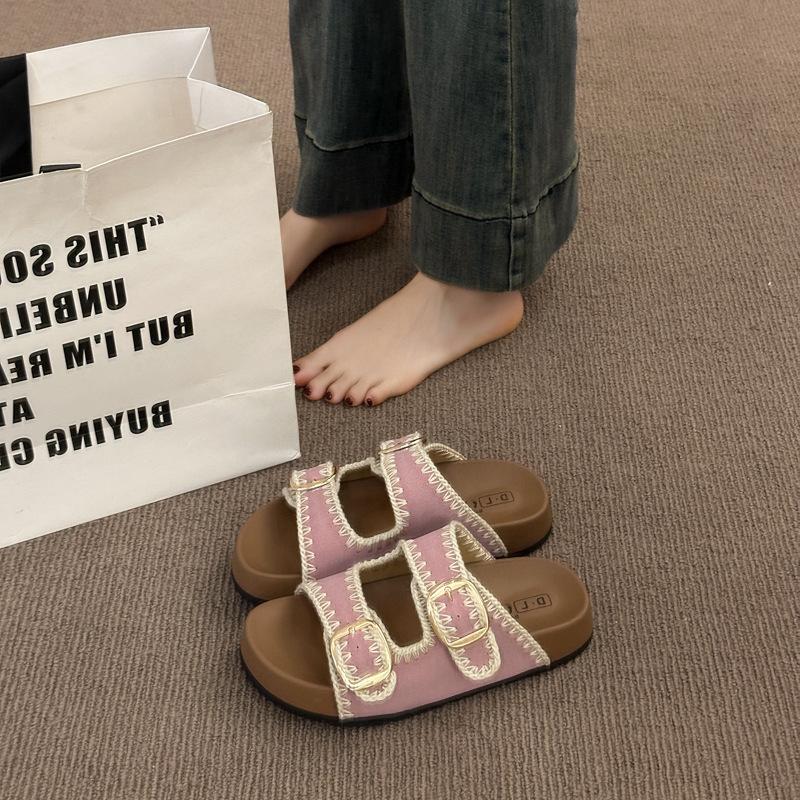 Cool Slippers Women's Summer Outer Wear 2025 New Retro Casual Round Head Belt Buckle Hollow Muffin Thick-soled Slippers