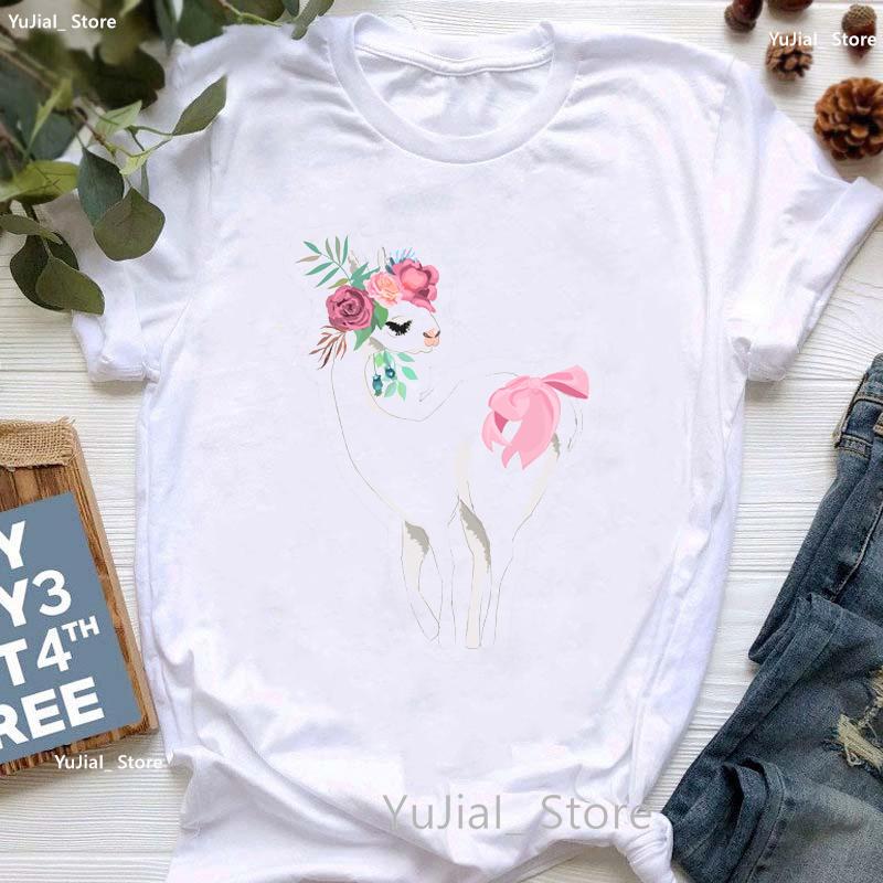 Kawaii Alpaca With Flowers And Coffee Print T Shirt Girls Summer Short Sleeve Tshirt Femme Fashion Tops Tee Shirt Female
