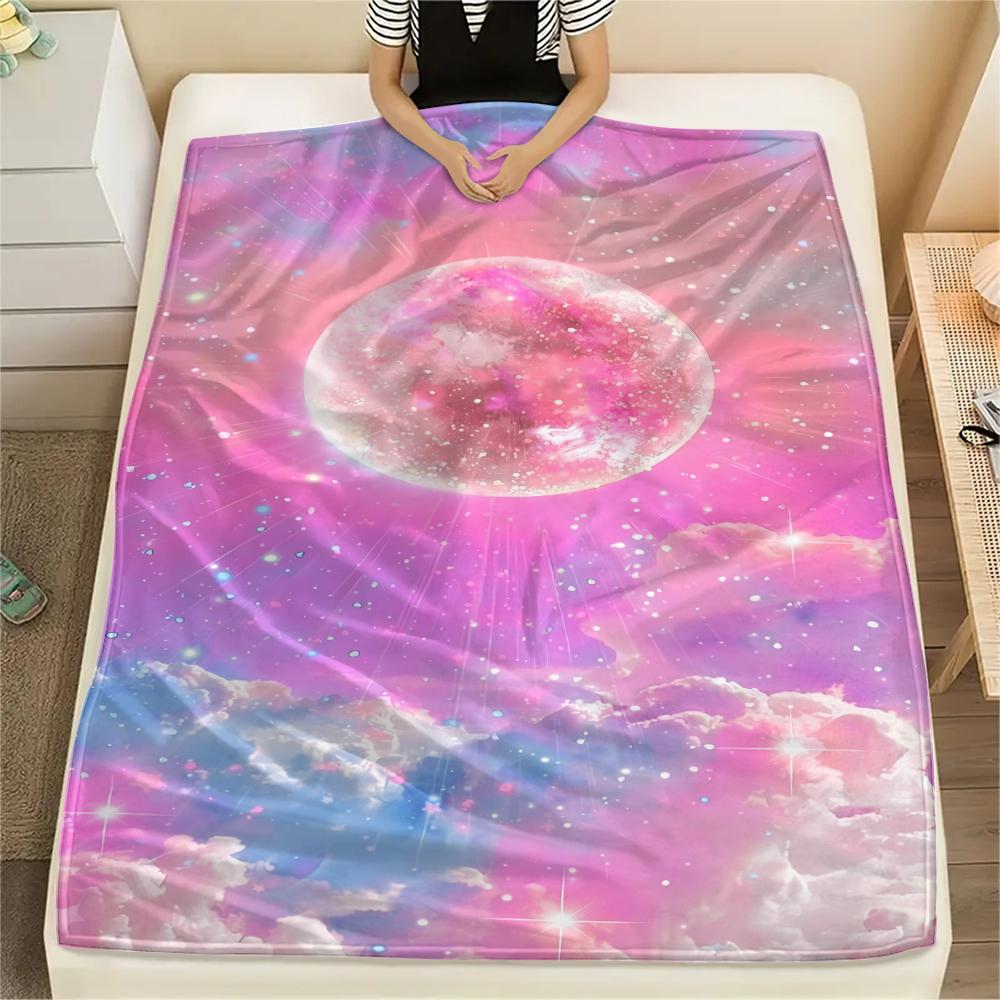 1Pc Galaxy Moon Print Flannel Blanket, High quality Comfortable for All Seasons, Home Decor, Warmth and Comfort, Perfect for Gifts