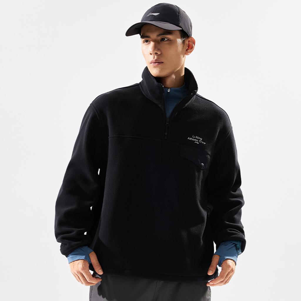 Li-Ning Fitness Series Infrared Warm Anti-Static Letter Stand Collar Comfortable Breathable Fleece Hoodie Men hoodies Black AWDUA17-5