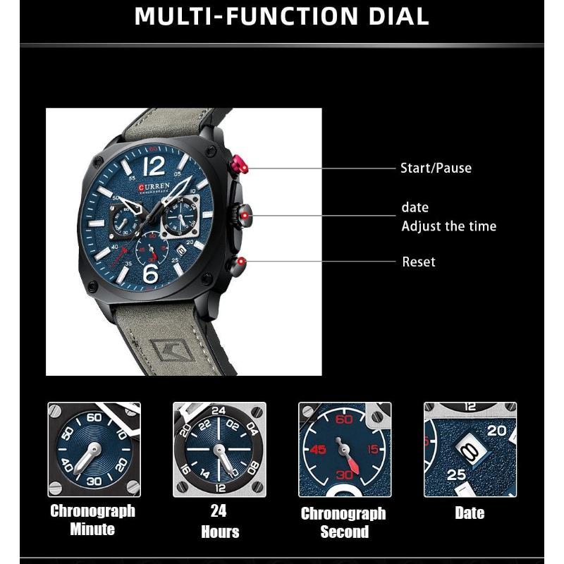 CURREN Men's Leather Watch Square Multifunction Chronograph Quartz Waterproof Fashion Wristwatches