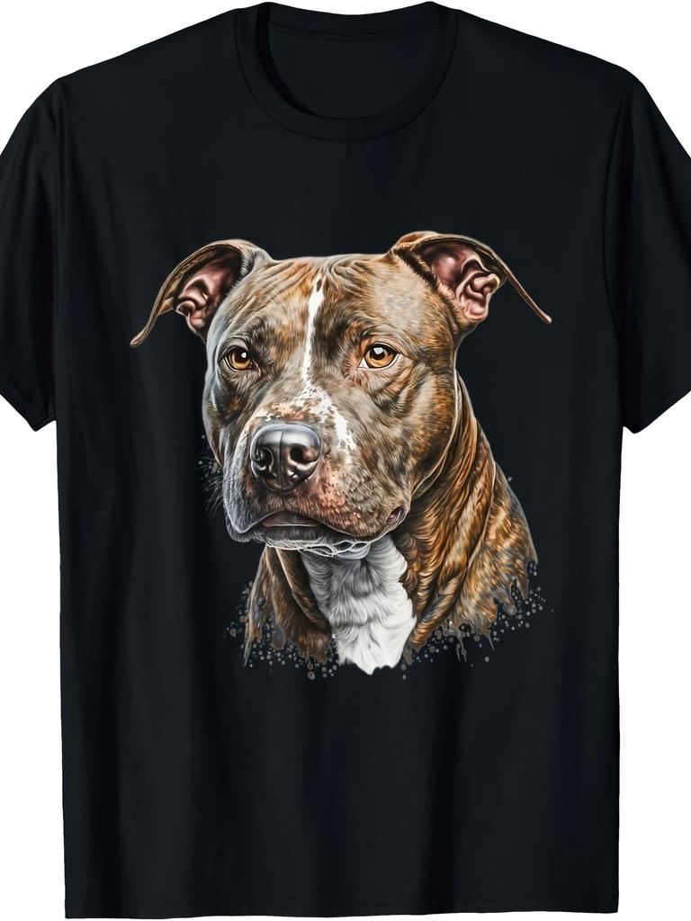 Soft Crewneck Tee With Realistic Brownwhite Canine Portrait Everyday Casual Shirt For Dog Lovers Machine Washable Allseason Apparel Leisure Outfit