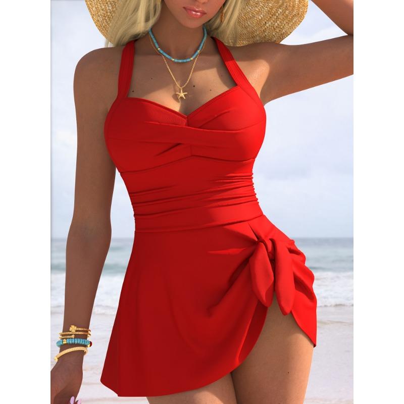 Women s Black Cross Ruched V-Neck Gold Accent Skirted One-Piece Swimsuit S