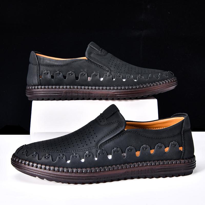 Men's Genuine Leather Casual Shoes Slip On Hollow Shoes Summer Large Size 39-48